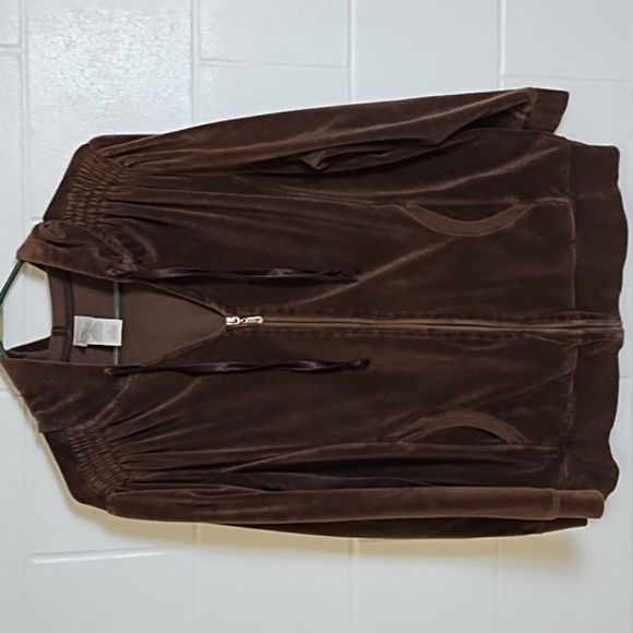 JMS Brown Velour Hooded Jacket Top 1X 16W Detailed Shoulder Pockets Zip Front - Picture 8 of 12